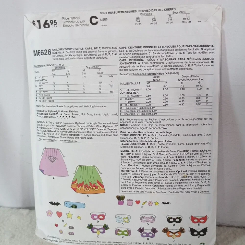 McCall's M6626 Kids Superhero Costume Cape Mask Belt Pattern XS-L UNCUT